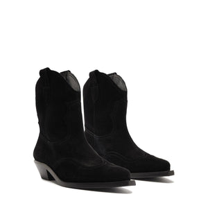 Three-quarter view of Nash Suede Bootie in Black showcasing pointed toes and low block heels on a white background