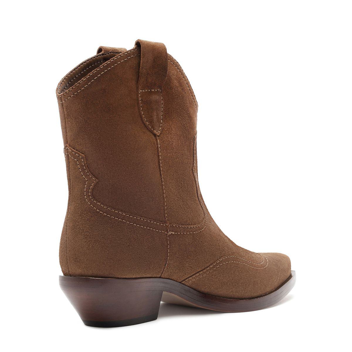 Side view of Nash suede bootie in pecan brown showcasing stitched panels and a stacked heel on a white background