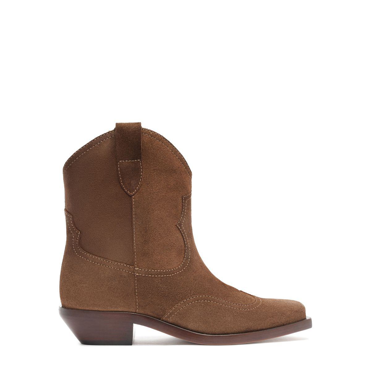 Side view of Nash suede bootie in pecan brown showcasing stitched detailing and stacked heel on a white background
