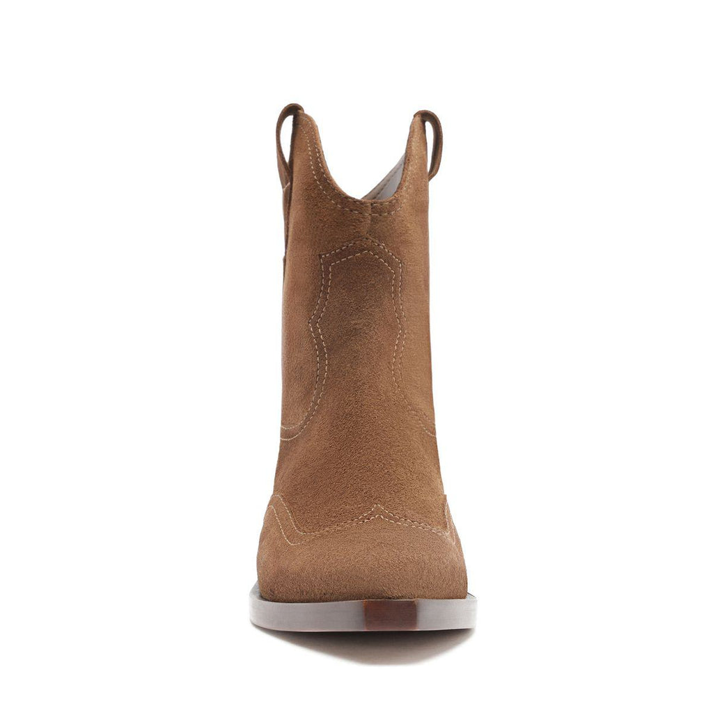 Rear view of Nash suede bootie in pecan brown showcasing pull tabs and stitched details on a white background
