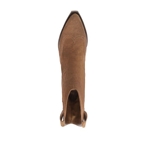 Top view of Nash suede bootie in pecan brown showcasing pointed toe and decorative stitching on a white background