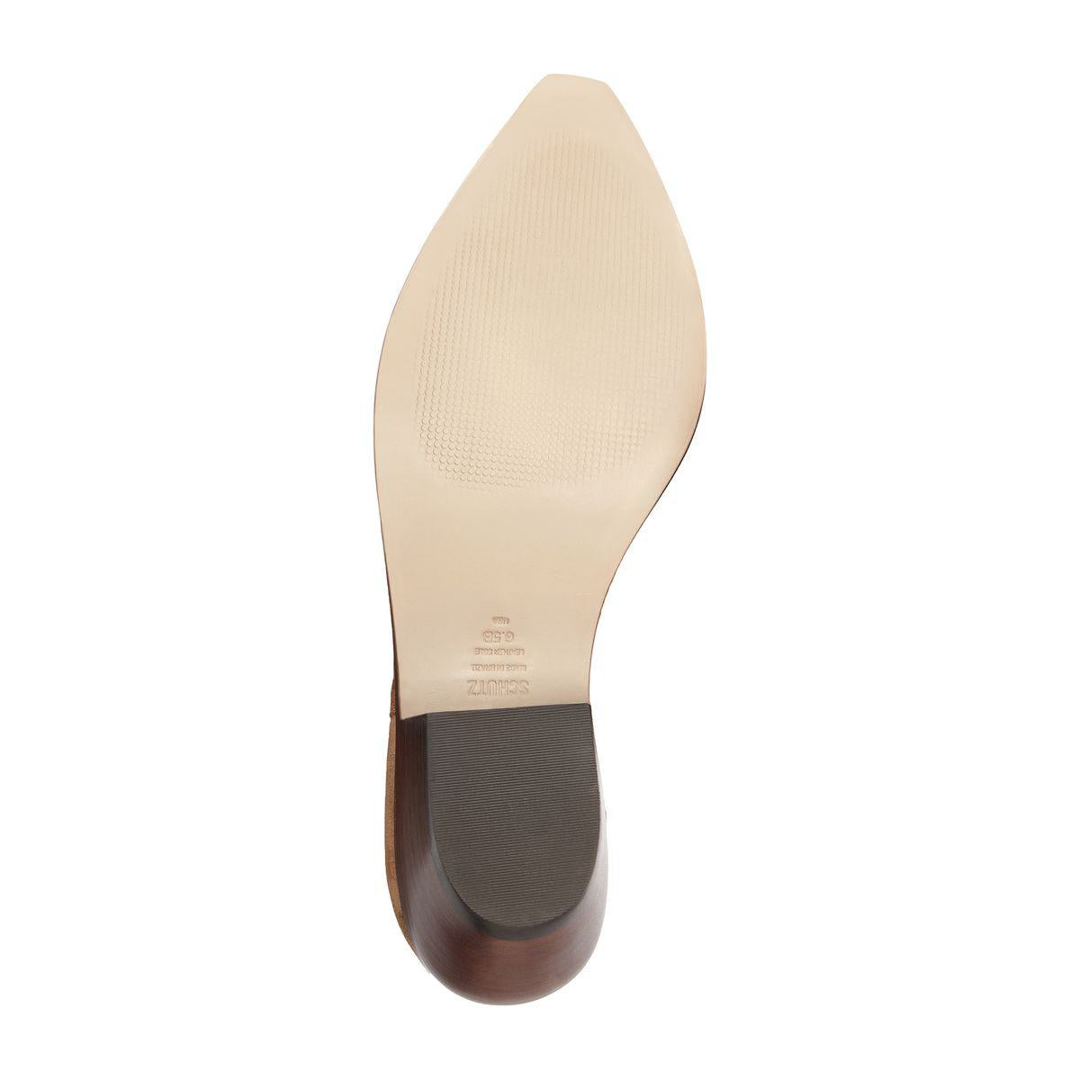 Bottom view of Nash Suede Bootie in Pecan Brown showcasing the sole and stacked heel on a white background