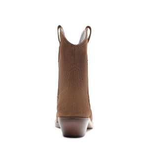 Rear view of Nash suede bootie in pecan brown showcasing pull tabs and stacked heel against a white background