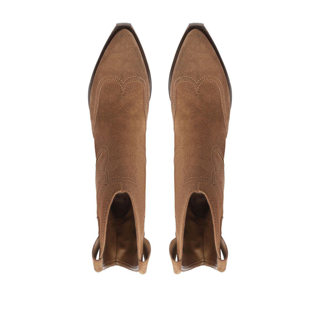 Top view of Nash suede bootie in pecan brown showcasing pointed toes and pull tabs on a white background