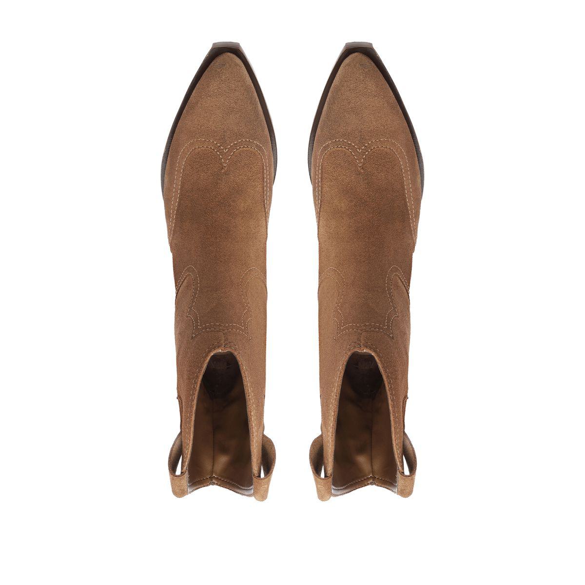 Top view of Nash suede bootie in pecan brown showcasing pointed toes and pull tabs on a white background