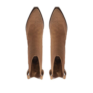 Top view of Nash suede bootie in pecan brown showcasing pointed toes and pull tabs on a white background