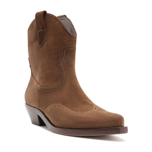 Front three-quarter view of Nash suede bootie in pecan brown showcasing stitching and block heel on white background