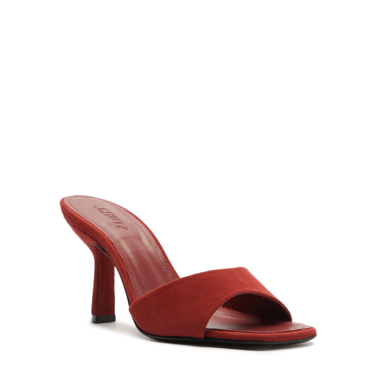 Three-quarter view of Posseni Suede Sandal in Red Brown showcasing its open toe, mule silhouette, and angled heel against a white background