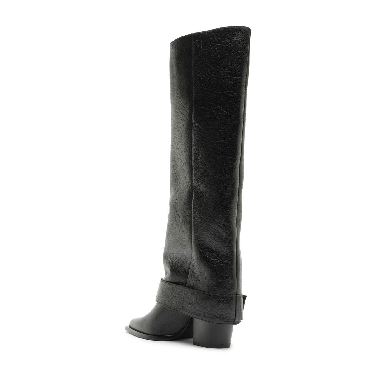 Rear three-quarter view of Parker Up leather boot in black showcasing tall shaft and block heel against a white background