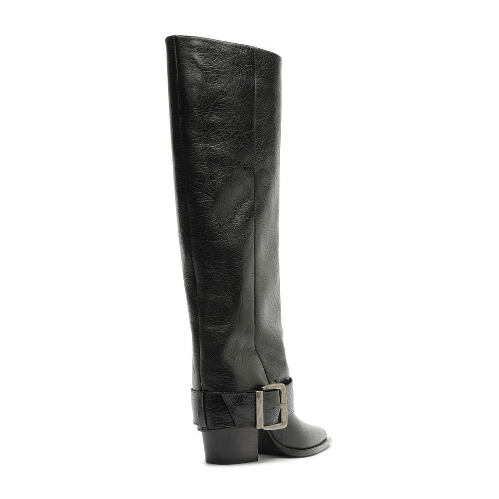 Side view of Parker Up leather boot in black showcasing tall shaft and side buckle with white background