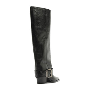 Side view of Parker Up leather boot in black showcasing tall shaft and side buckle with white background