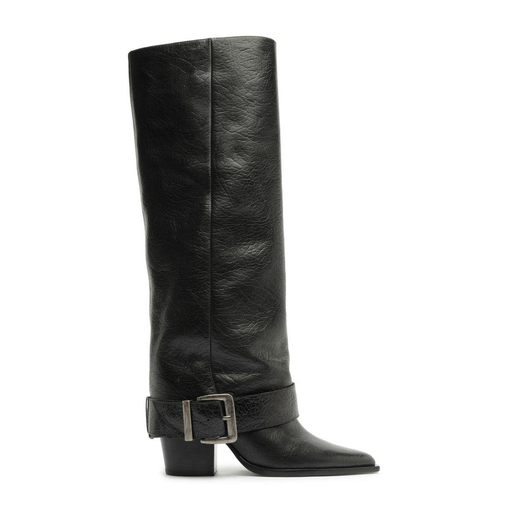 Side view of Parker Up leather boot in black showcasing buckle strap and block heel with white background