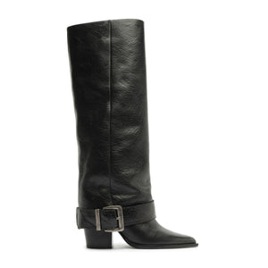 Side view of Parker Up leather boot in black showcasing buckle strap and block heel with white background
