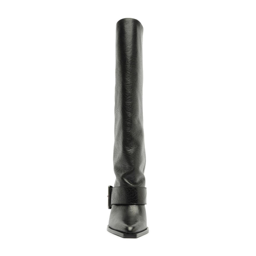 Front view of Parker Up leather boot in black showcasing its tall shaft and ankle strap with a white background
