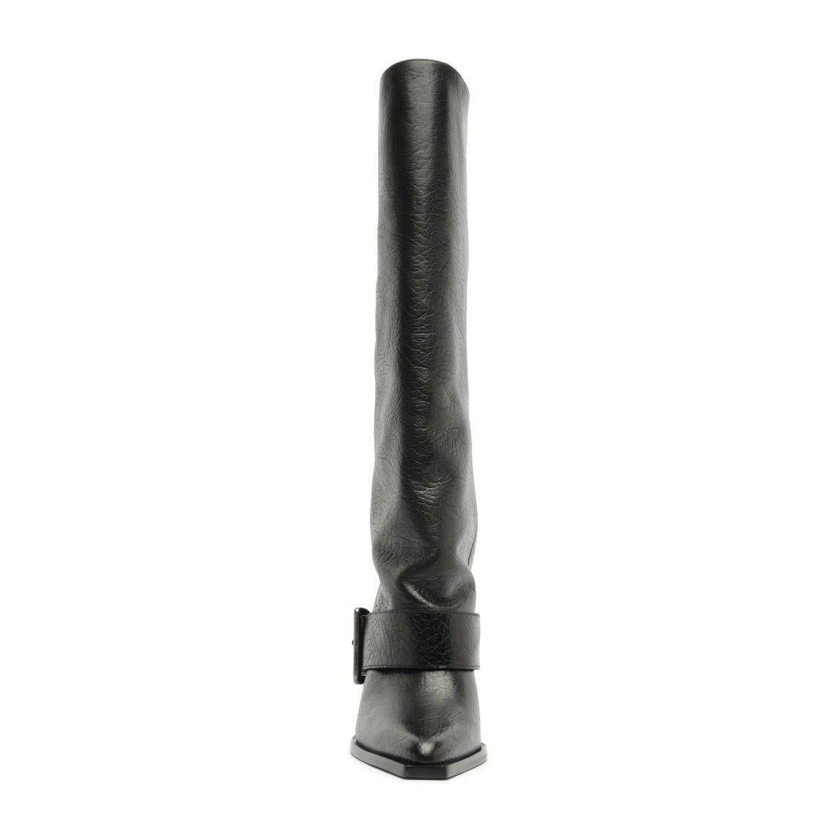 Front view of Parker Up leather boot in black showcasing its tall shaft and ankle strap with a white background