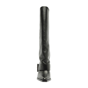 Front view of Parker Up leather boot in black showcasing its tall shaft and ankle strap with a white background