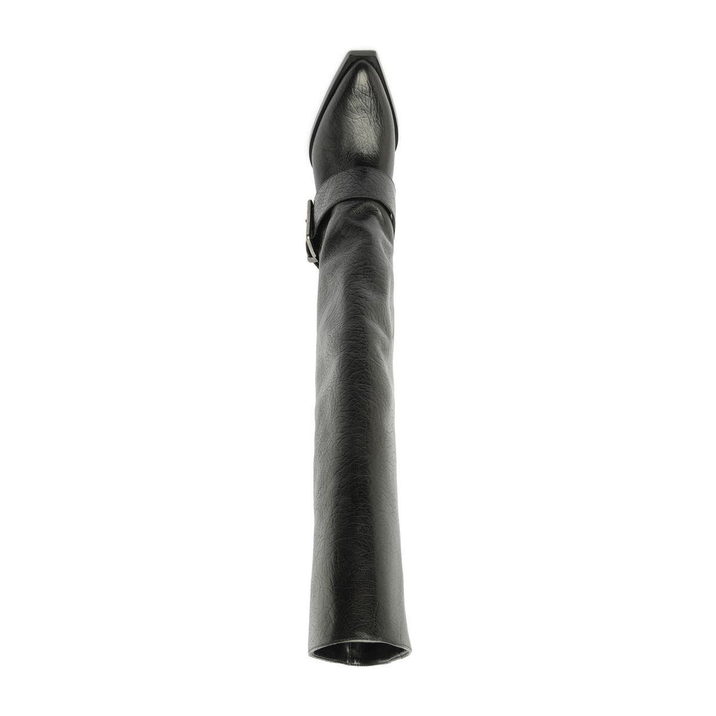Angled view of Parker Up Leather Boot in Black showcasing its tall shaft and pointed toe against a white background