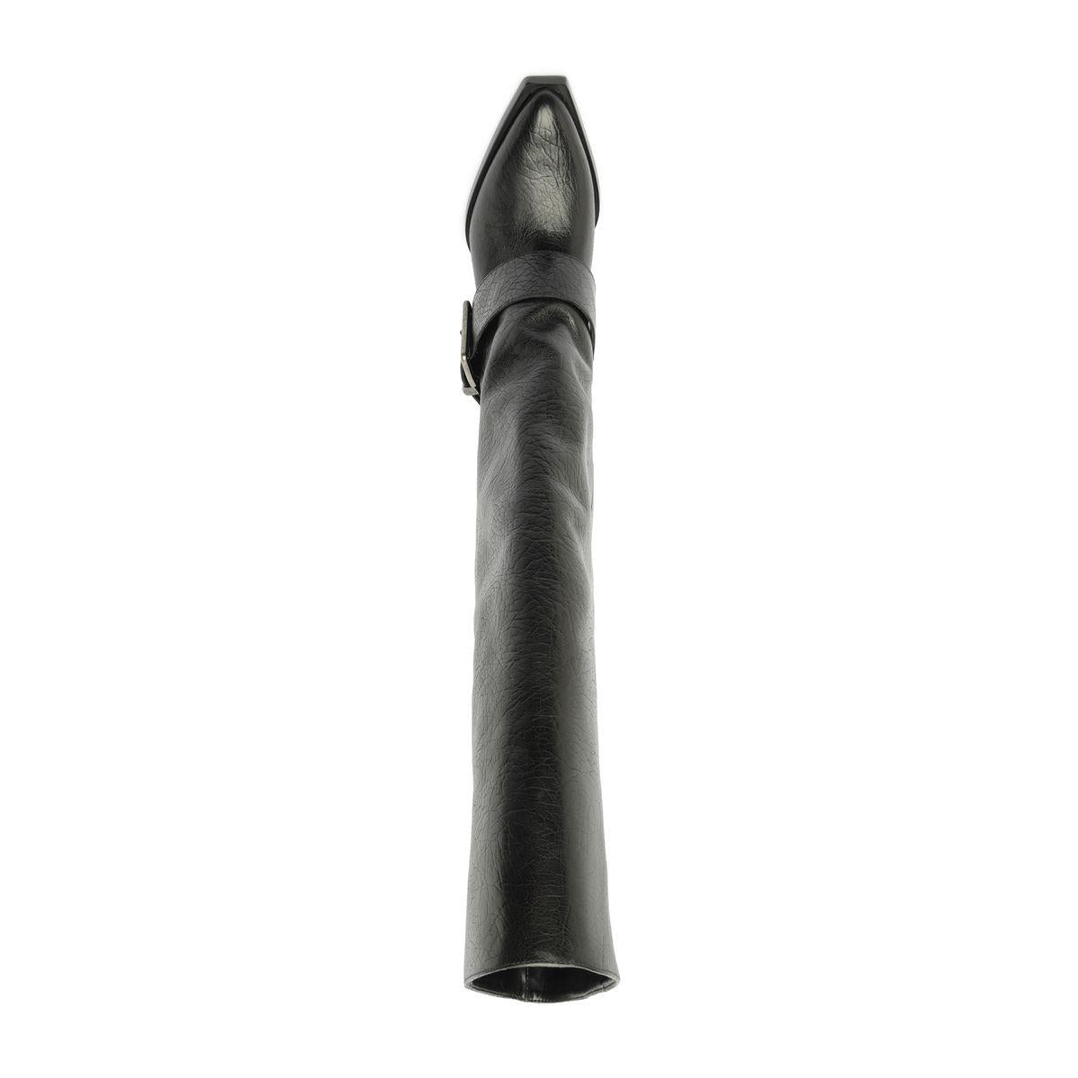 Angled view of Parker Up Leather Boot in Black showcasing its tall shaft and pointed toe against a white background
