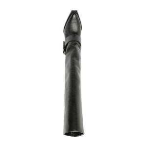 Angled view of Parker Up Leather Boot in Black showcasing its tall shaft and pointed toe against a white background