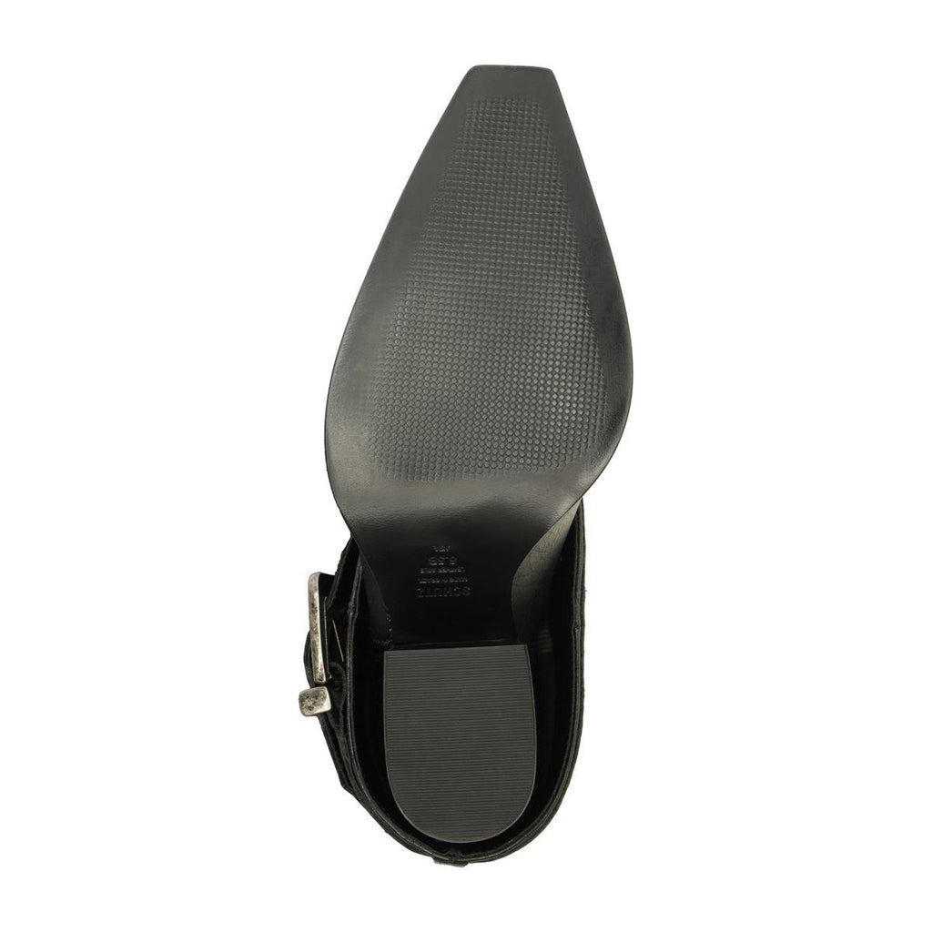 Bottom view of Parker Up leather boot in black showcasing textured sole and heel with a white background