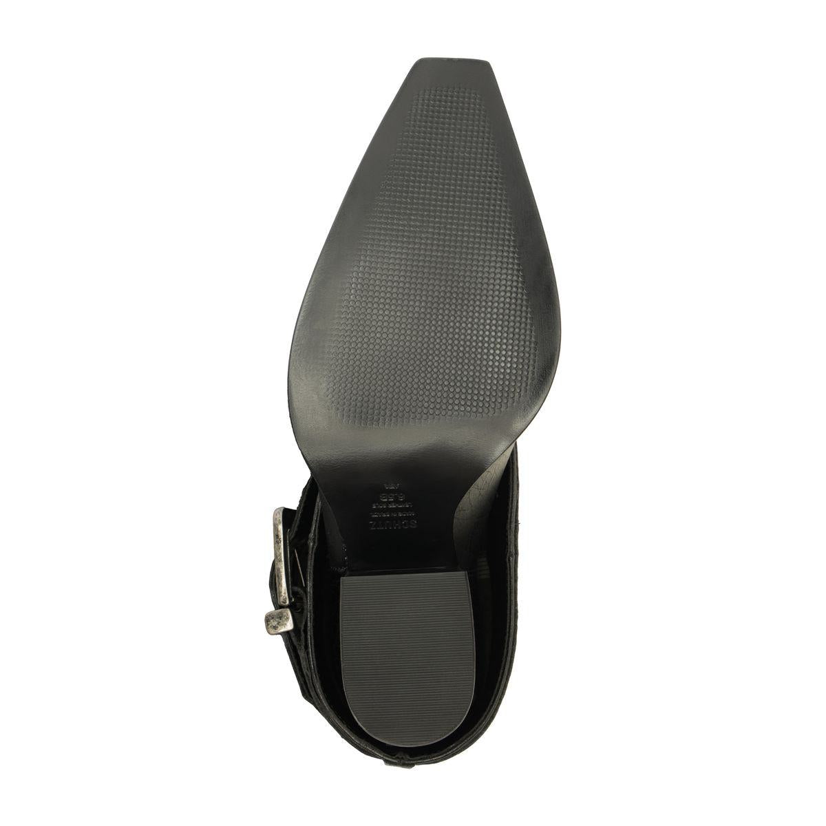 Bottom view of Parker Up leather boot in black showcasing textured sole and heel with a white background