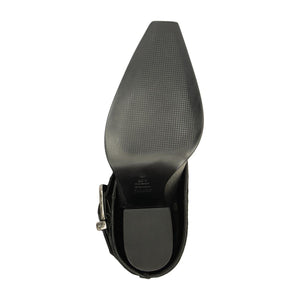 Bottom view of Parker Up leather boot in black showcasing textured sole and heel with a white background