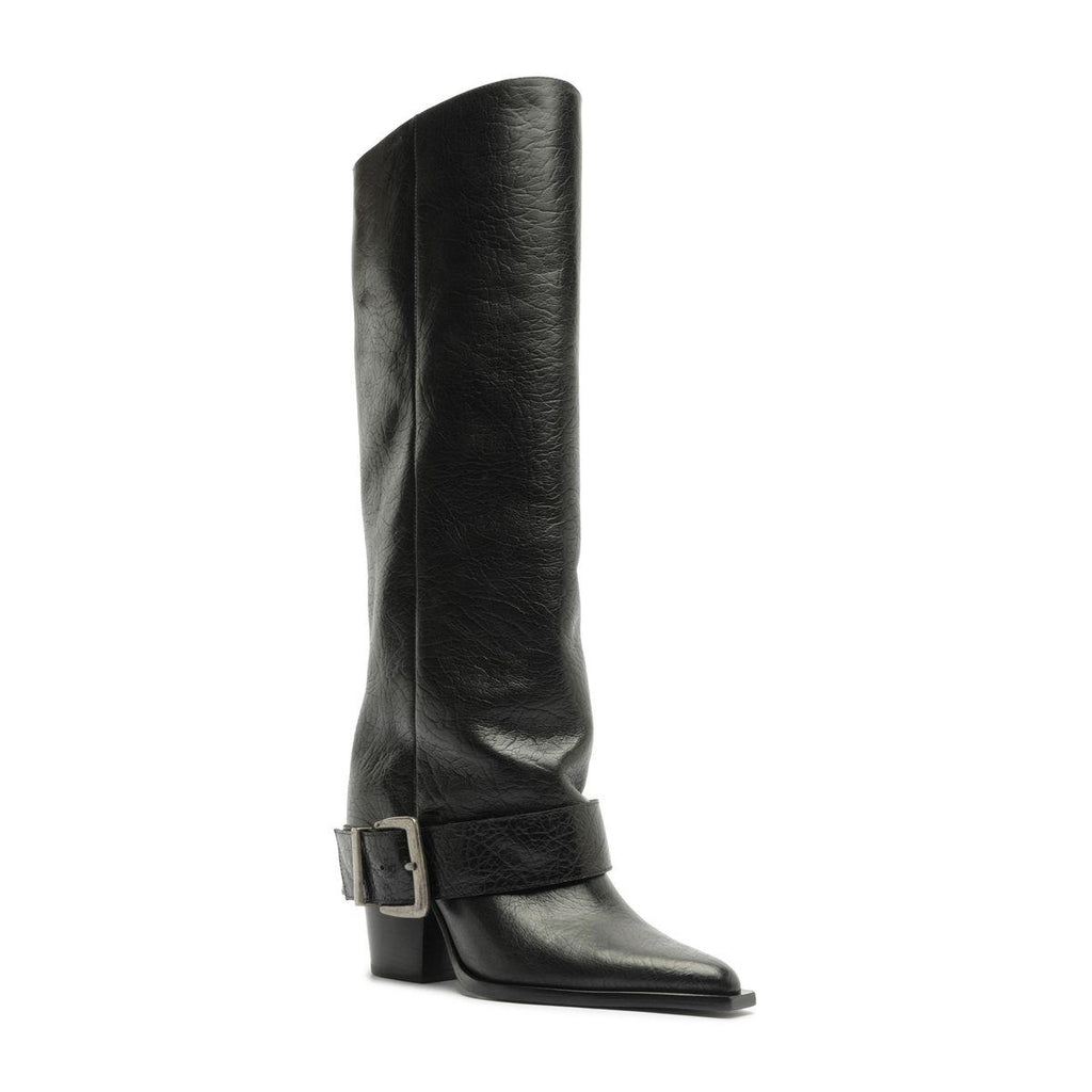 Side view of Parker Up Leather Boot in Black showcasing tall shaft, ankle buckle, and low heel against a white background