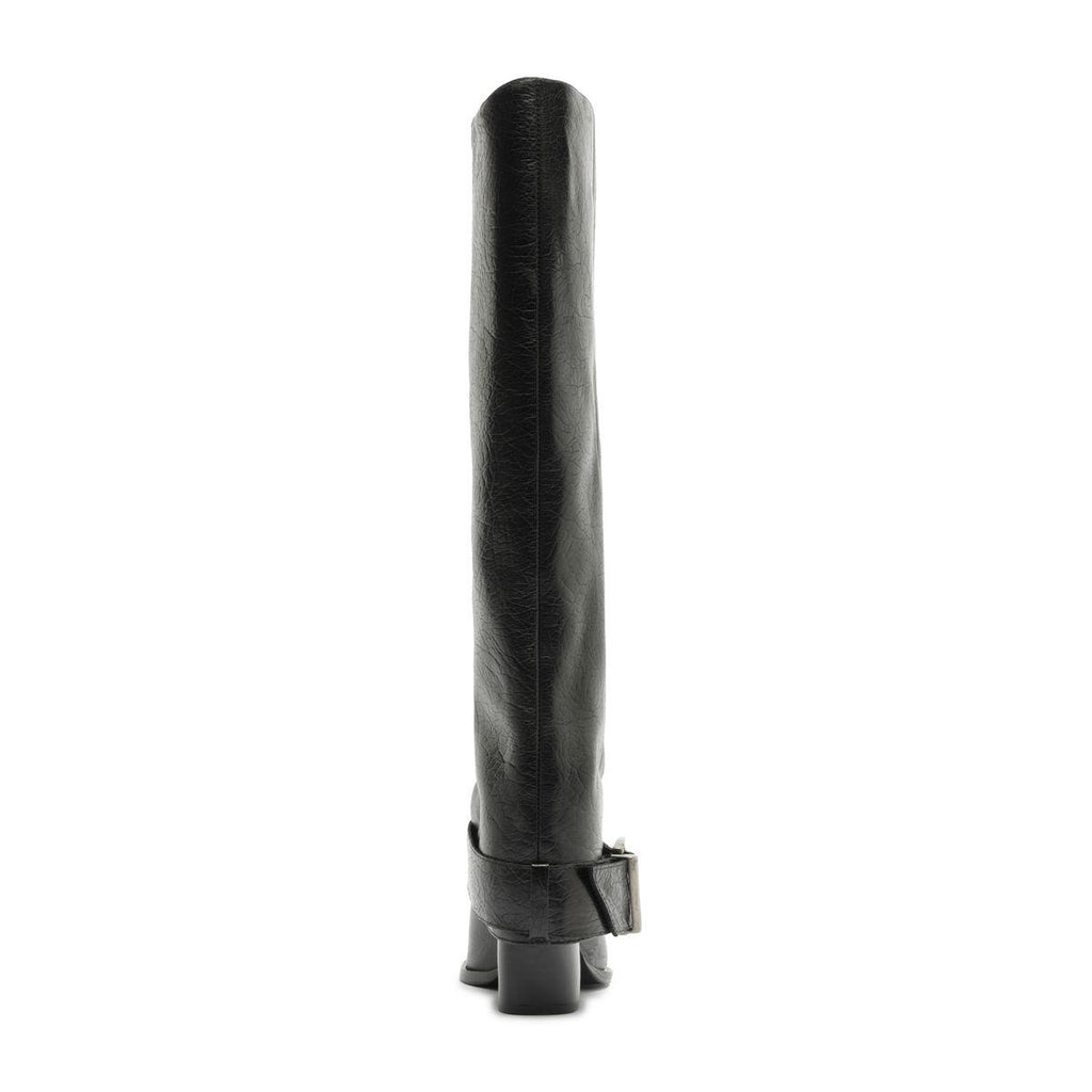Side view of Parker Up leather boot in black showcasing tall shaft and buckle detail with white background