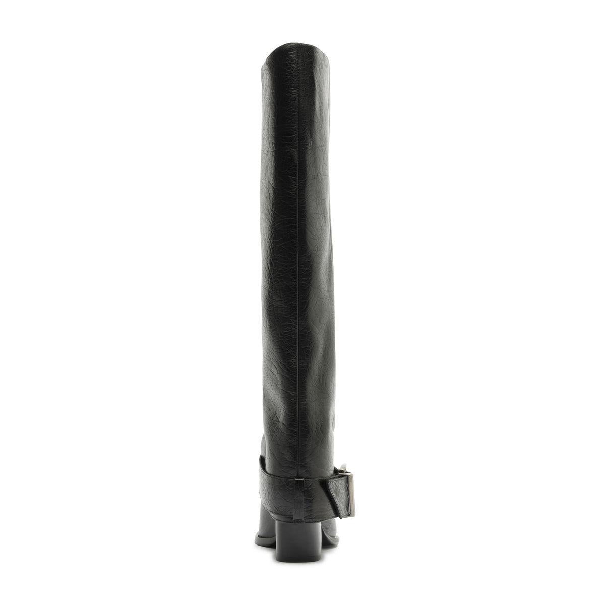 Side view of Parker Up leather boot in black showcasing tall shaft and buckle detail with white background