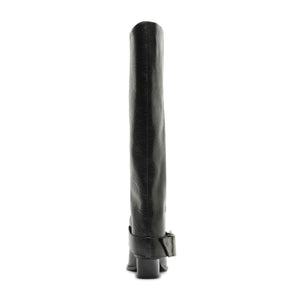 Side view of Parker Up leather boot in black showcasing tall shaft and buckle detail with white background