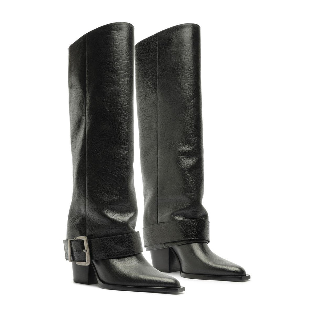 Front three-quarter view of Parker Up leather boots in black showcasing tall shafts and ankle buckles on a white background