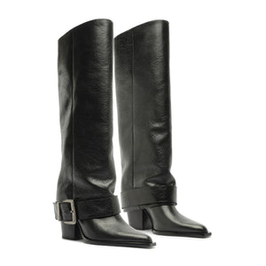 Front three-quarter view of Parker Up leather boots in black showcasing tall shafts and ankle buckles on a white background