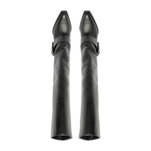 Rear view of Parker Up leather boots in black showcasing tall shafts and side buckles on a white background