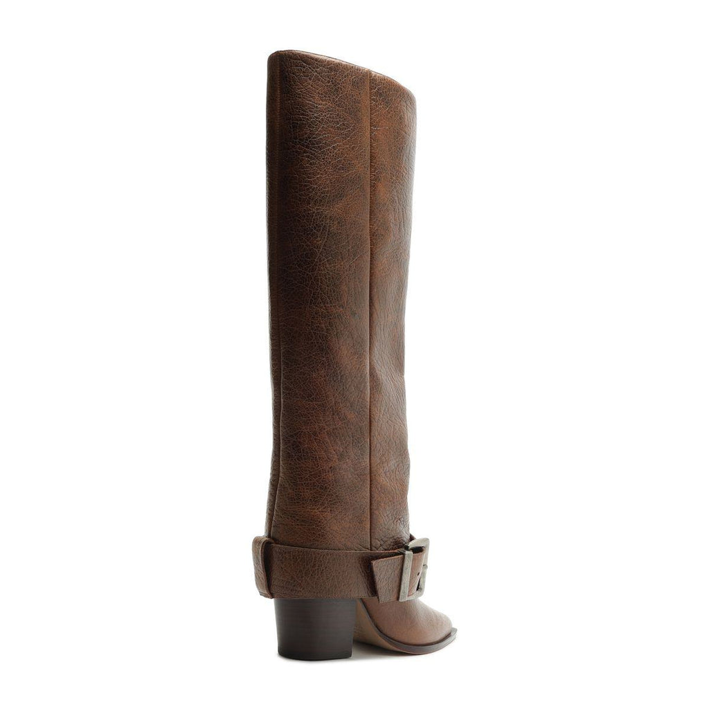 Rear view of Parker Up leather boot in Desert Brown showcasing tall shaft and ankle buckle on white background