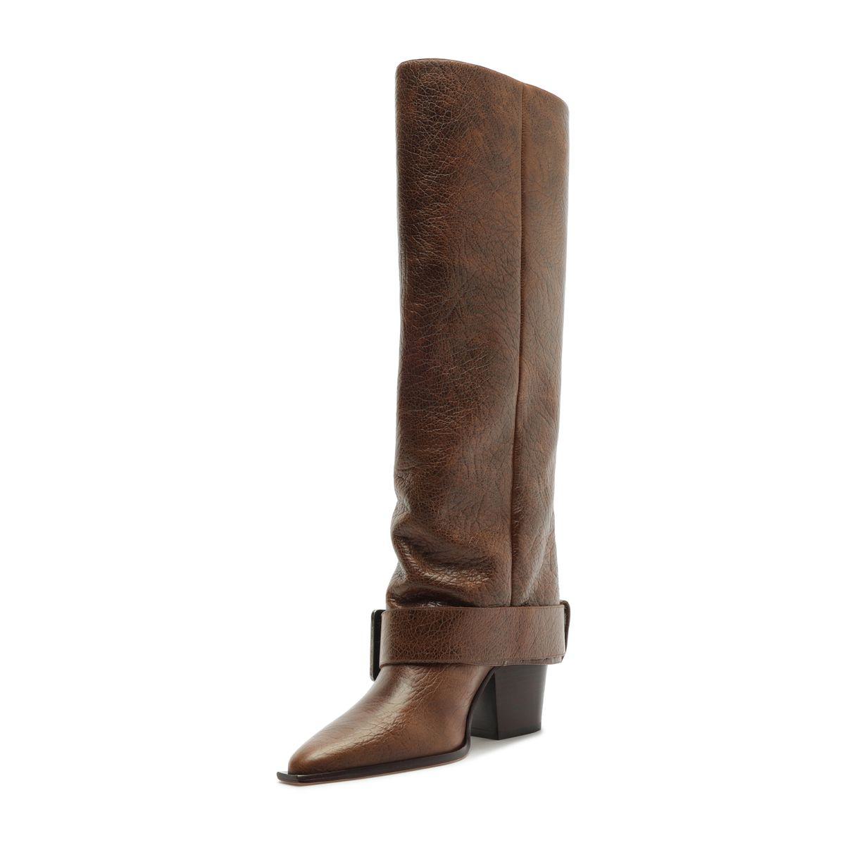 Side view of Parker Up leather boot in desert brown with ankle strap and block heel on white background