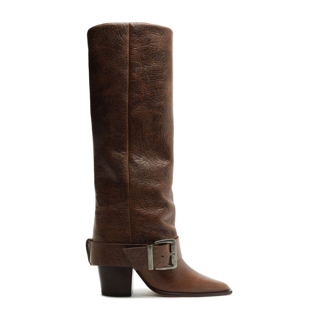 Side view of Parker Up leather boot in desert brown showcasing ankle buckle strap and block heel against a white background