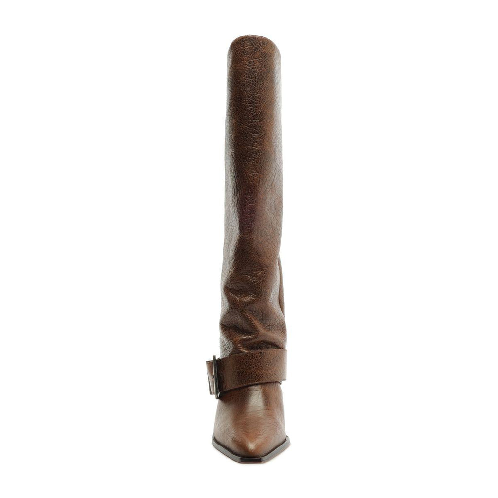 Front view of Parker Up leather boot in desert brown showcasing tall ruched shaft and ankle strap on a white background