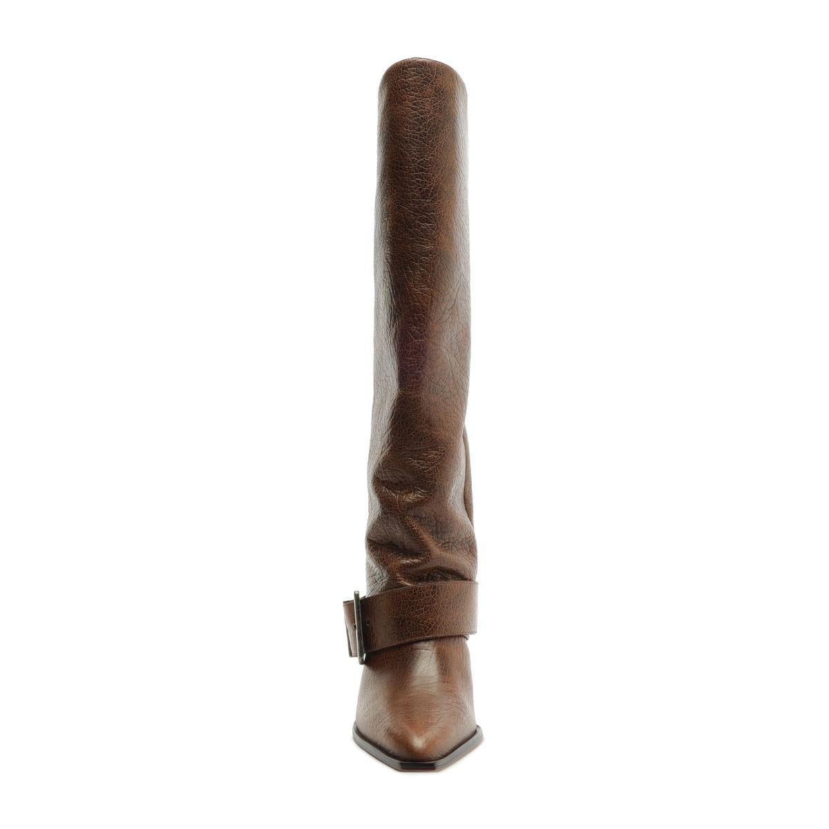 Front view of Parker Up leather boot in desert brown showcasing tall ruched shaft and ankle strap on a white background