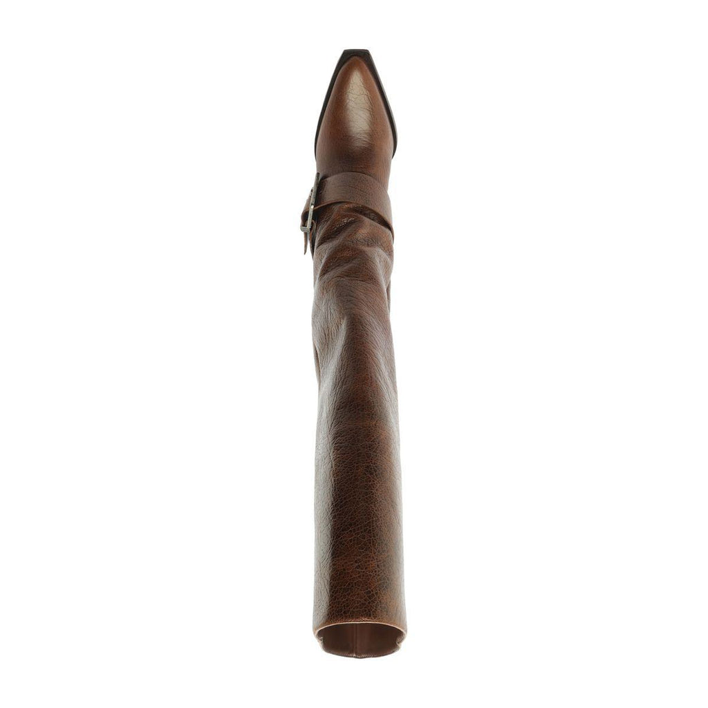 Front view of Parker Up Leather Boot in Desert Brown showcasing its tall shaft and pointed toe with a white background