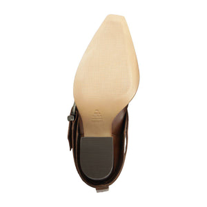 Bottom view of Parker Up leather boot in desert brown showcasing textured sole and dark heel tread on a white background