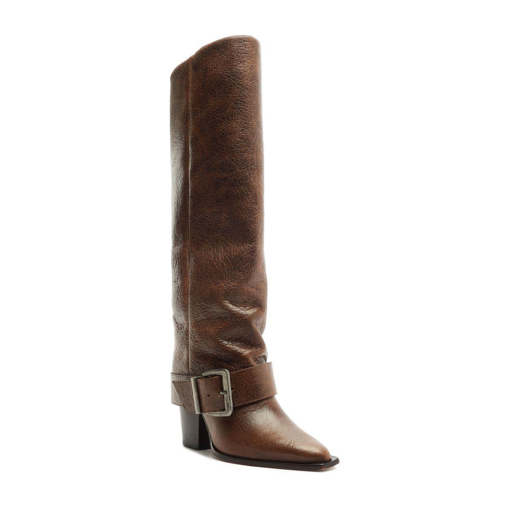 Side view of Parker Up leather boot in desert brown showcasing tall shaft, buckle strap, pointed toe, and low heel