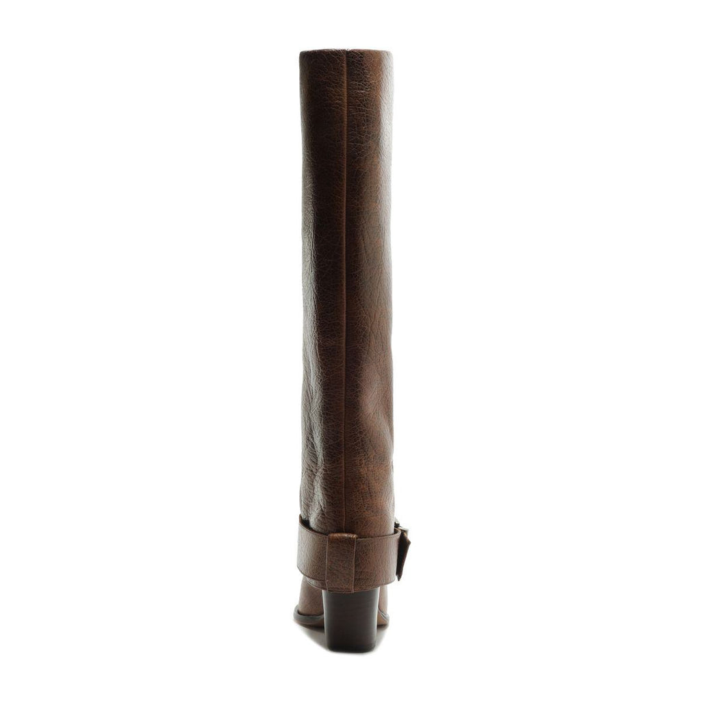 Close-up view of Parker Up Leather Boot in Desert Brown showcasing tall leather shaft and ankle strap against a white background