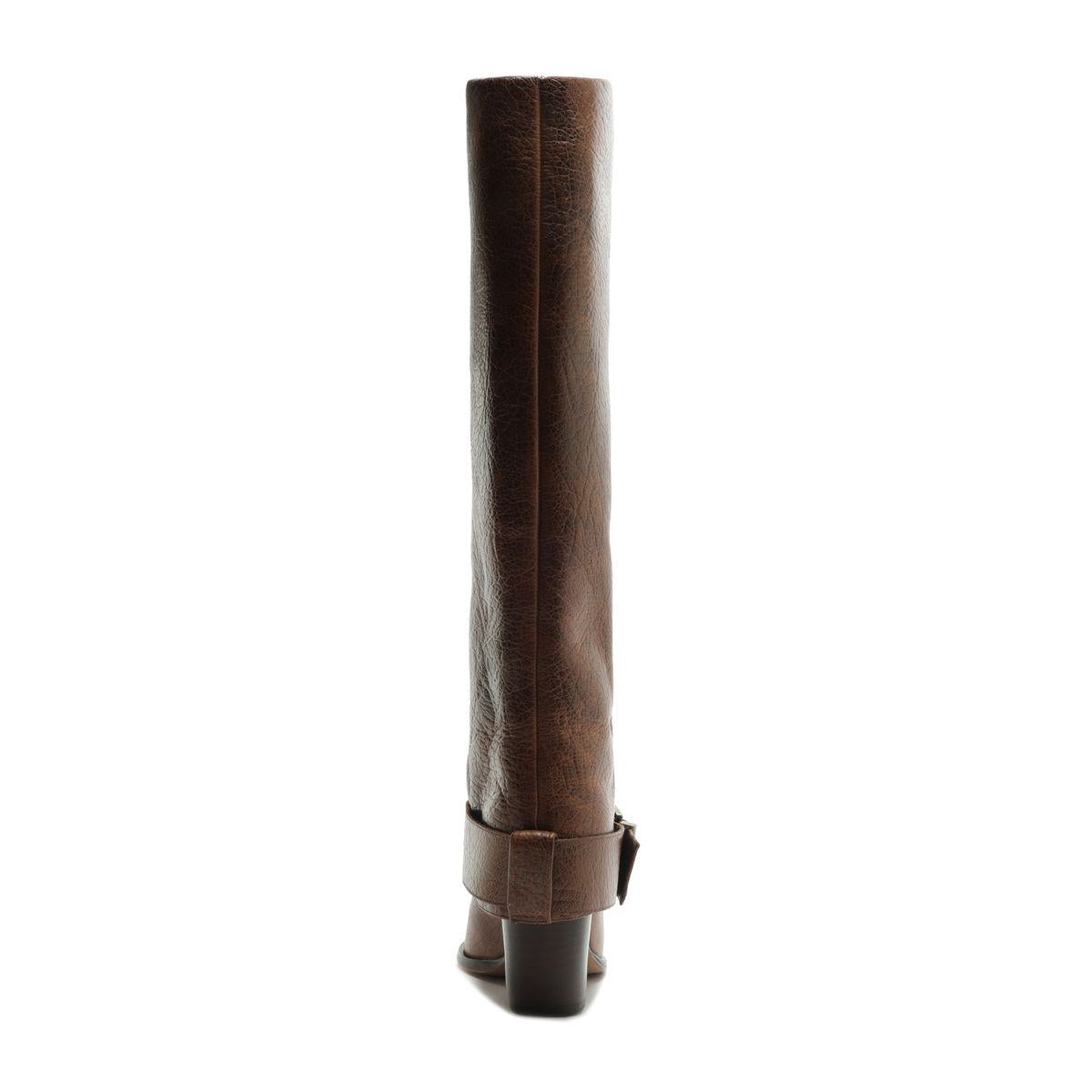 Close-up view of Parker Up Leather Boot in Desert Brown showcasing tall leather shaft and ankle strap against a white background