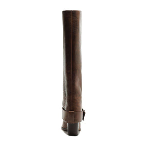 Close-up view of Parker Up Leather Boot in Desert Brown showcasing tall leather shaft and ankle strap against a white background