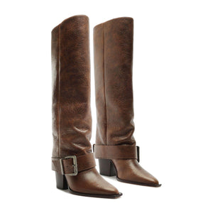 Front view of Parker Up Leather Boot in Desert Brown showcasing tall shafts and ankle buckle straps with a white background