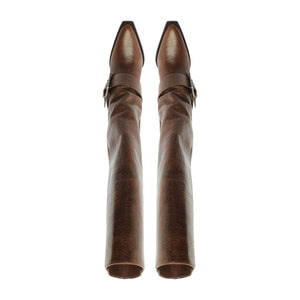 Front view of Parker Up Leather Boot in Desert Brown showcasing tall leather shafts and pointed toes against a white background