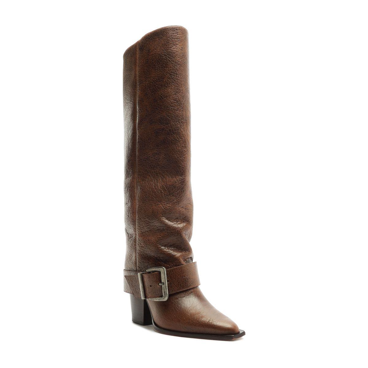 Side view of Parker Up leather boot in desert brown showcasing tall shaft, buckle strap, pointed toe, and low heel