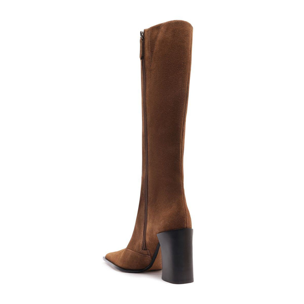 Side view of Raffaela Up Suede Boot in Pecan Brown showcasing tall suede shaft, pointed toe, and block heel