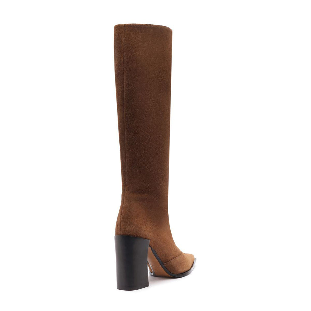 Rear three-quarter view of Raffaela Up Suede Boot in Pecan Brown showcasing its tall shaft and block heel against a white background