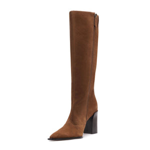 Side view of Raffaela Up Suede Boot showing pecan brown suede, tall shaft, pointed toe, block heel and zip on white background